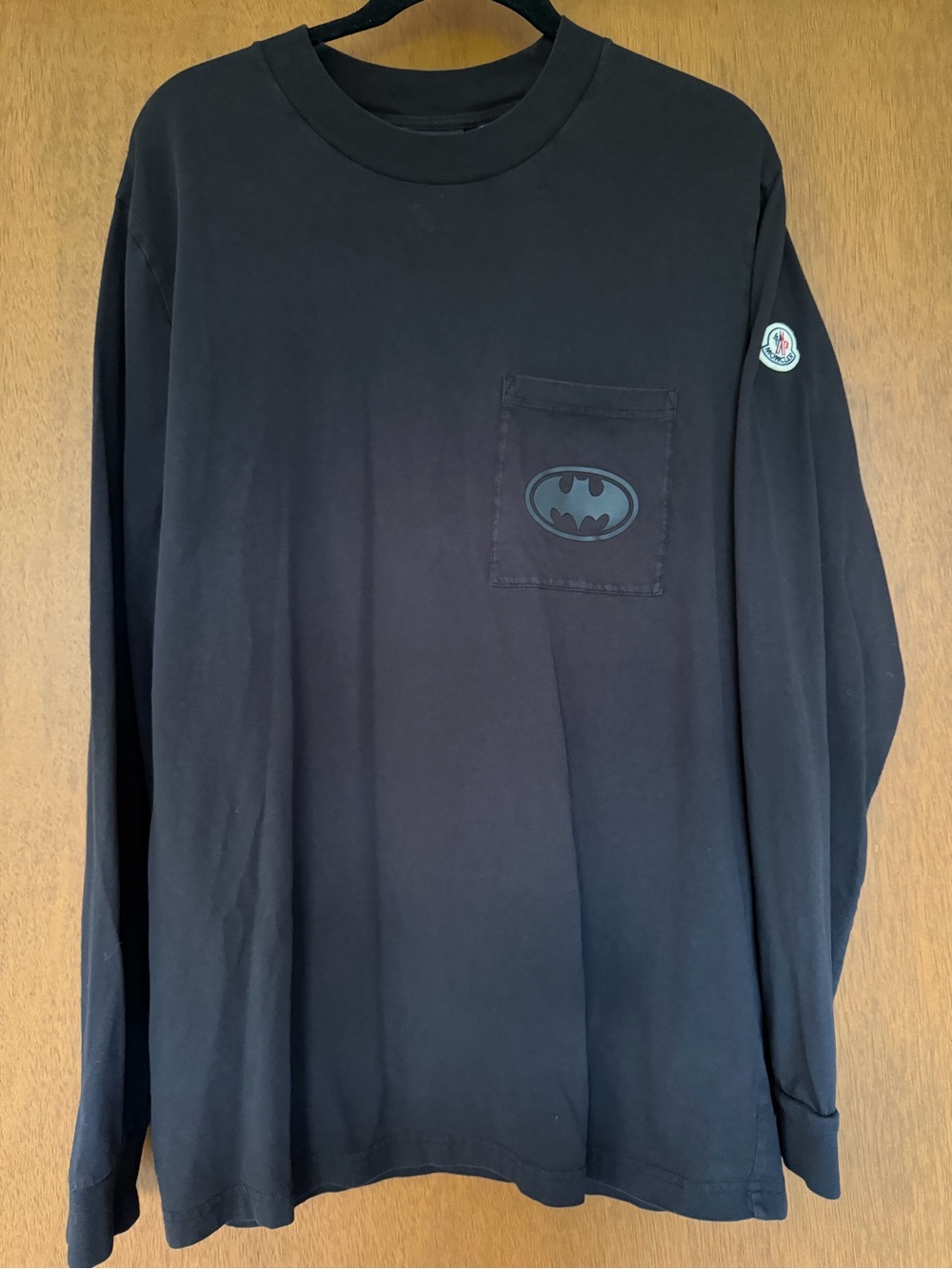 Moncler Black Long Sleeve Pocket Tee with Batman Emblem